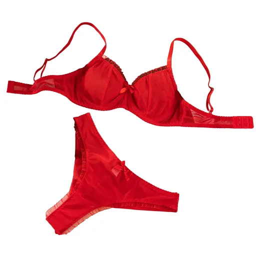 House Of Dasein Sexy Mesh Heart Print Bra Set Ultra Thin Comfortable Tempting Lingerie Two Piece - Red - Xl