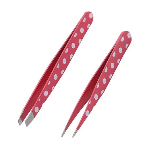 Stainless Steel Slant Tip Tweezer 2PC - White Polka Dot Design Eyebrow Tweezers,Eyebrow Shaping and Facial Hair Removal