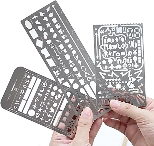 Yansanido Pack of 3 Stainless Steel Drawing Ruler, Painting Stencils, Scale Template Sets, Graphics Stencils, Number Template Ruler for Very Fine Pen Tip