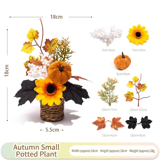 Autumn artificial mini potted plant, woven basket paired with sunflowers, pumpkins, and maple leaves, full and realistic petals, no maintenance required, adding warm autumn vibes to your home./28G model