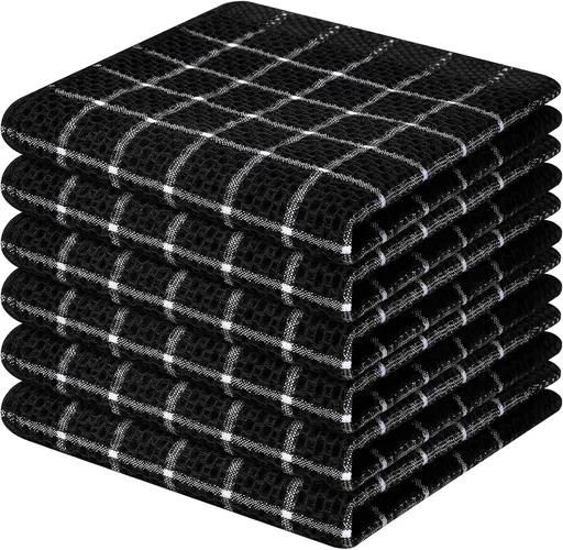 Homaxy 100% Cotton Dish Cloths, 6 Pack-12 X 12 Inches, Check Design Waffle Weave Dish Rags for Washing Dishes, Ultra Absorbent and Fast Drying Dishcloths, Black&White