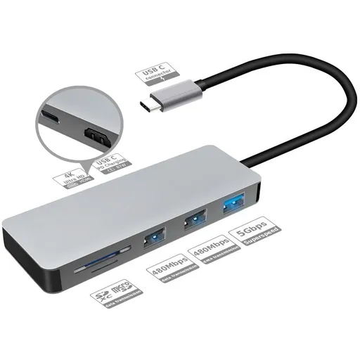 INTACT 9822T USB-C 7-in-1 Multifunction Adapter HDMI/USB3.0*1/USB2.0*2/SD/TF/USB-C PD