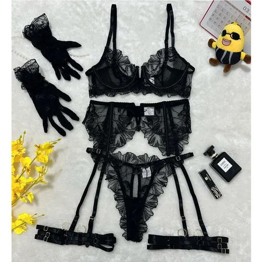 House Of Dasein Lace Hollow Comfortable Sheer Sexy Lingerie Underwear Garter Belt Separated Five Piece Set - Black - S