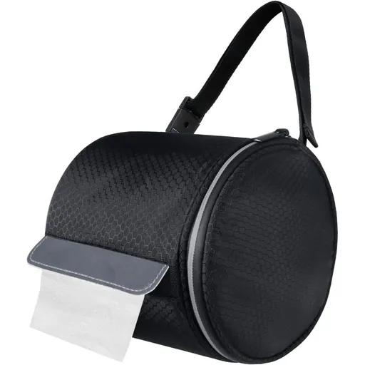 Portable Foldable Toilet Paper Holder with Adjustable Strap, Cat-Proof Dispenser for Camping, Home & Office, Durable Fabric Cover Black