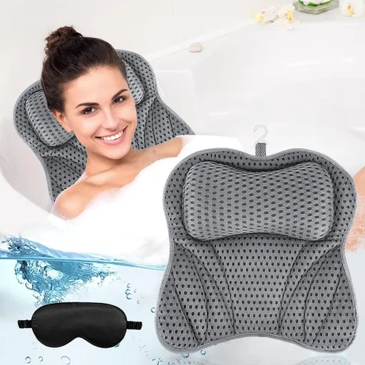 Bath Pillow incl. Black Eye Mask, Orthopedic Headrest for the Bath, Neck Pillow with Suction Cups, No More Hard Bath Rim, and Back