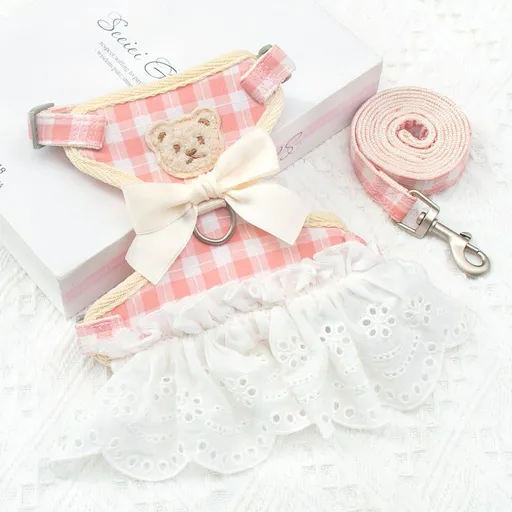Cat Harness Polyester Bow Anti Escape Pet Leash Big pink grid M (Suggested 3.50 kg-6.00 kg