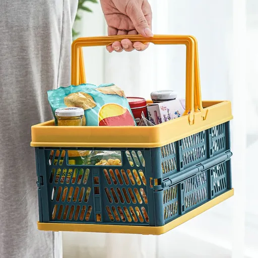 Foldable Plastic Shopping Basket 28x18x13cm 11x7x5in Collapsible Fruit Vegetable Storage Box with Handles for Outdoor Picnic Camping Kitchen Organizer