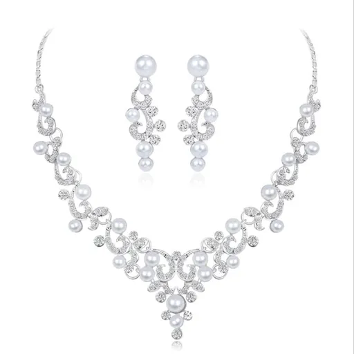 Pearl Bride Wedding Jewelry Set Faux Pearls Crystal Rhinestone Necklace Earrings Bracelet Sets for Women Bridesmaid (3 PCS)