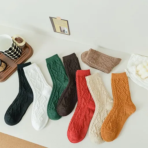 Diamond Knit Mid-Calf Socks for Women, Retro Textured Crew Style with Elastic Cuff, 7 Pairs
