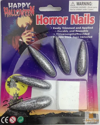 10x Long GLITTER HORROR NAILS Halloween Party Costume Accessory Vampire Witch - Silver - Silver - Silver - Silver - Silver - Silver - Silver - Silver