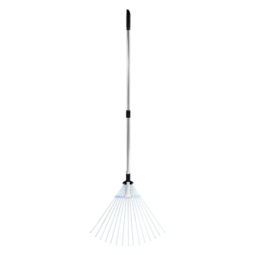 Leaf Rake, 15 Metal Tines, Adjustable Garden Rake for Lawns with 19-57 cm Wide Head and 81.3-160 cm Long Handle, Heavy Duty Stainless Steel Small Leaves Tool for Gardening Camping Yard Grass