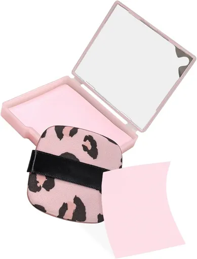 3-in-1 Oil Blotting Paper Set for Face Absorbing Sheet with Portable Mirror & Adhesive Makeup Puff, Oily Skin, Design Men Women(100 Sheets, Pink Leopard Print)