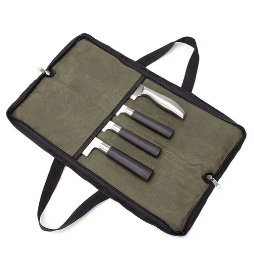 Knife Roll,Heavy Duty Knife Bag,Waxed Canvas knife Case with 4 Slots for Knives & Kitchen Tools,Chef Knife Bag with Handle.Portable Knife Roll Bag for Home Traveling Camping.olive drab