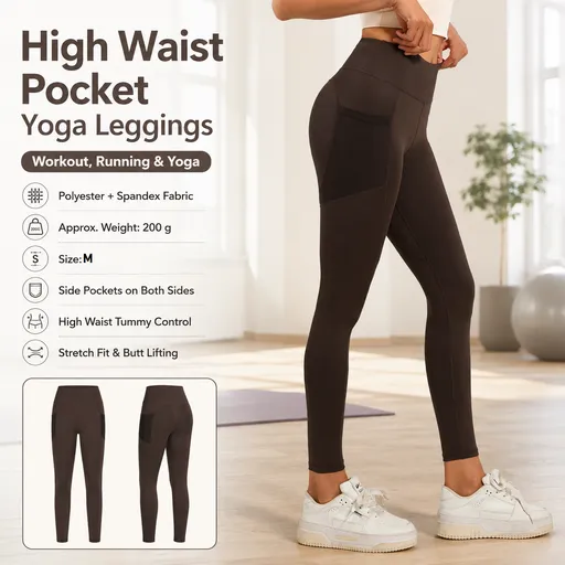 Coffee-colored M Size Women's High Waist Yoga Leggings with Mesh Side Pockets - Squat Proof, Peach Hip Lift, Breathable Stretch Fabric for Gym Running 、Pilates Wea and Daily Wear