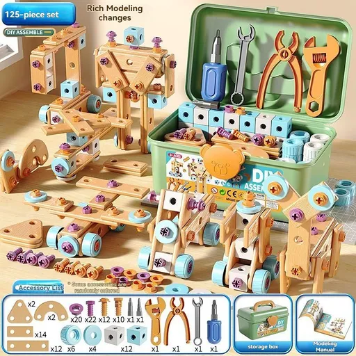 DIY assembly toy, wooden building set, electric drill toy for kids, educational construction toy, creative puzzle set, children's tool kit, Australian toy, hand-eye coordination toy - Multi - Size 125pcs