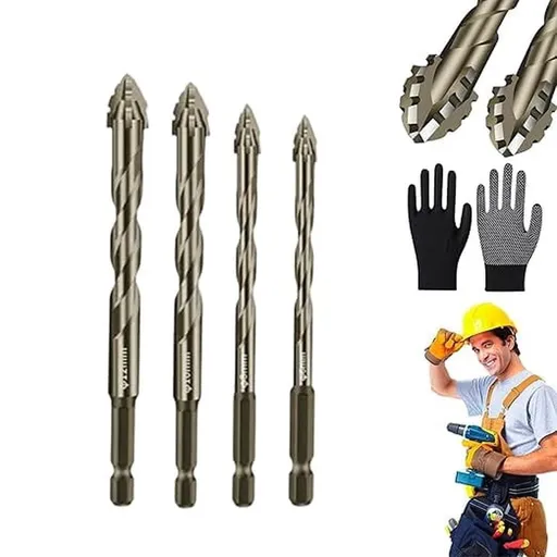 High-Strength 4-Flute Serrated Eccentric Drill Bit Kit, High Hardness Skewed Head Eccentric Drill, Four Blade Serrated Eccentric Drill, for Wood Marble Metal Concrete