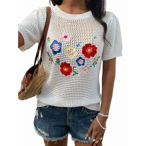 Women Summer Crochet Tops Scoop Neck Short Sleeve Pullover Sweater Hollow Out Knit Tops White XL