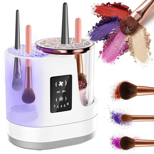 3-in-1 Electric Makeup Brush Cleaner & Dryer – Touchscreen Control, UV Sanitizing, 5-Min Auto Clean, 2H/5H Drying Modes, Fits All Brush Sizes, Rose-Gold Trim, USB-C Powered, No Batteries Needed (White)