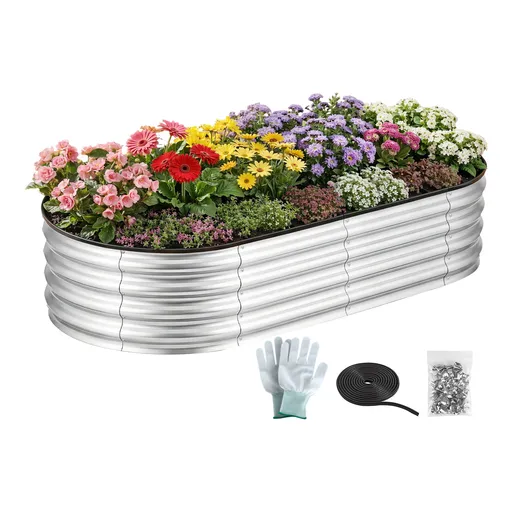 Green Fingers Raised Garden Bed Galvanised Oval Metal Planter Box Large Outdoor 150x70x30cm Silver