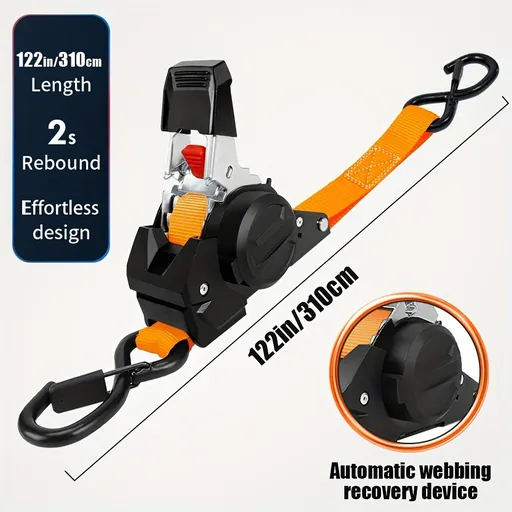 Yellow automatic webbing recovery ratchet strap, vehicle cargo strap, heavy-duty ratchet strap, long-length ratchet strap, easy-to-use ratchet strap, Australian transport