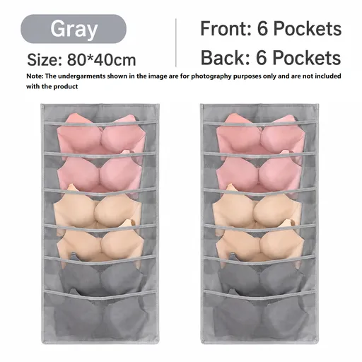 Grey Double-Sided Hanging Underwear Organizer（6 pockets on the front + 6 pockets on the back） - Breathable Non-Woven Mesh Storage Bag with Multiple Pockets for Bras Socks Panties, Washable Closet Space Saving Solution, Odourless and Durable