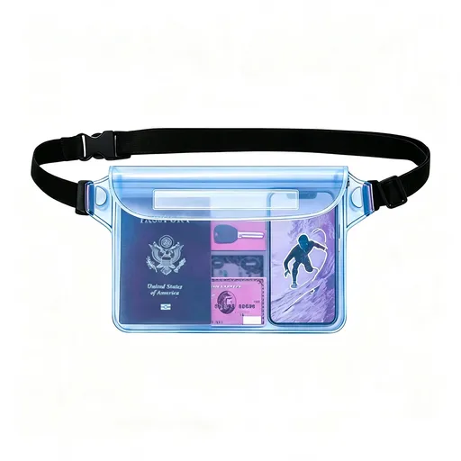 Waterproof PVC Waist Bag with Touchscreen Compatible Pouch for Skiing, Surfing, Diving, Beach Trips, Kayaking and Outdoor Snow Sports, Keeping Phone, Cards, Keys and Cash Dry and Secure (Transparent-Blue)