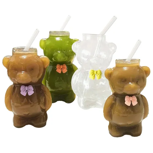 4PCS Bear Shaped Coffee Mugs with Straws Glass Clear Cute Cartoon Bear Drinking Cups for Home Bar Party