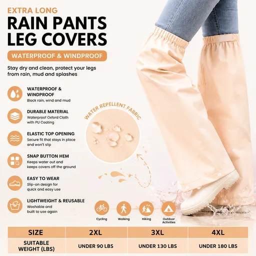 Beige Waterproof Rain Leg Covers and Long Half Rain Pants, Quick Pull-On with Adjustable Elastic Top & Snap Closure Cuffs – Lightweight & Reusable, Windproof & Mudproof for Commuting, Cycling, Garden and Outdoor Activities (1 Pair 3XL)