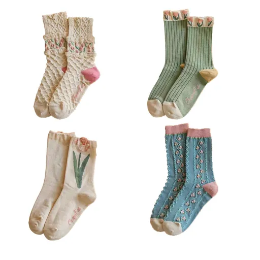 4 Pairs tulip Cute Socks, Women's Lace Ruffles Ankle Casual Sock, Breathable Mid Tube Socks, Floral Crew Socks