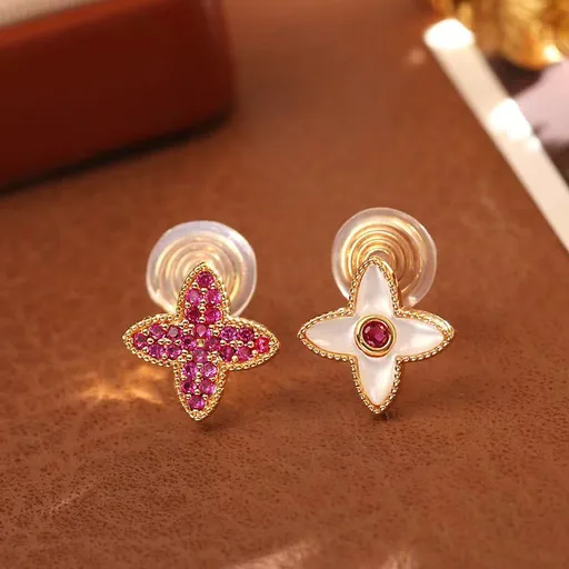 Four Leaf Clover Stud Ear clips - 14mm Gold Tone Red Mother of Pearl and Red Zircon Mismatched Ear clips, Elegant Fashion Jewellery for Women and Girls