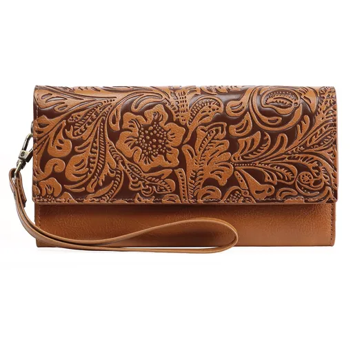 Brown Women's Vintage Embossed Microfibre Leather Long Wallet - Large Capacity Trifold Clutch with Muti Pockets and Wristlet Strap