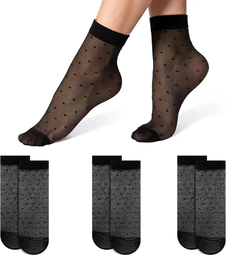 3 Pairs Women Sheer Ankle Socks, Black Polka Dot Short Stockings with Dots Patterns, Nylon Mesh Lace Breathable See Through Reinforced Toe Dress Socks for Summer Casual Elegant Wear