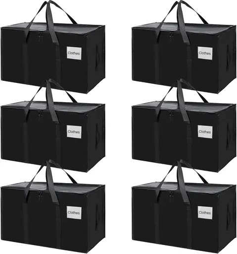 CARLA HOME 6-Pack Large Moving Storage Bags with Zippers & Handles with 95 Liters Capacity for Space Saving, Travel, Camping & Organization (Black)