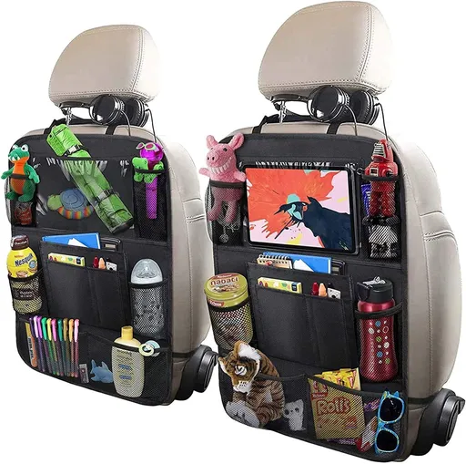 Car Backseat Organizer with 10" Table Holder, 9 Storage Pockets Seat Back Protectors Kick Mats or Kids Toddlers, Travel Accessories, 2 Pack