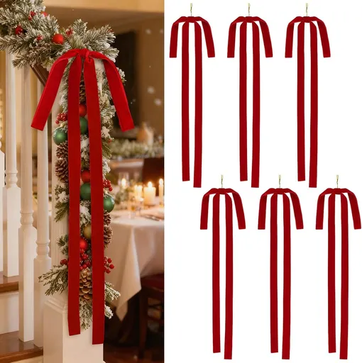 6PCS Red Velvet Bows for Christmas Tree 24 Inch Rustic Large Velvet Christmas Staircase Wreath Bows Xmas Tree Topper Bows Long Ribbon Bow Holiday Ornaments Garland Wedding Party Xmas Decoration