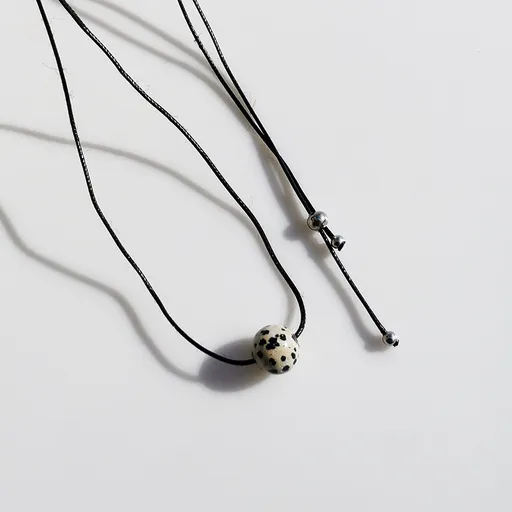 Vintage Geometric Natural Stone Bead Pendant Necklace Adjustable Black Rope Collarbone Chain Unisex Boho Jewelry Gift-Spotted Stone