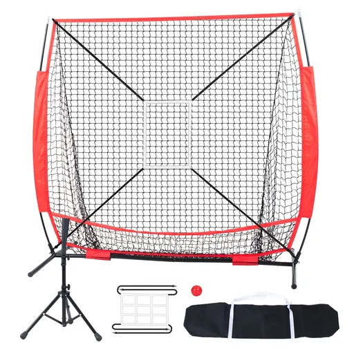 5x5 Baseball Softball Practice Net, Portable Baseball Training Net for Hitting Batting Catching Pitching, Backstop Baseball Equipment with Bow Frame, Carry Bag, Strike Zone, Ball, Batting Tee