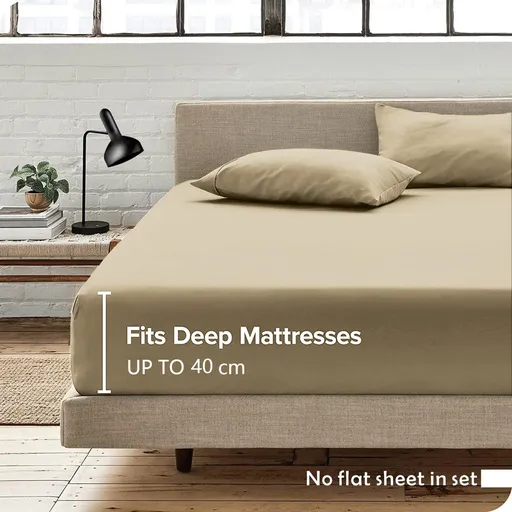 2 Piece Fitted Sheet Set- Fitted Sheet & Pillowcases -Breathable Bedding - Wrinkle, Fade, Stain Resistant- 40cm Deep Pocket Fitted Bed Sheet Set(Camel Beige,Single)