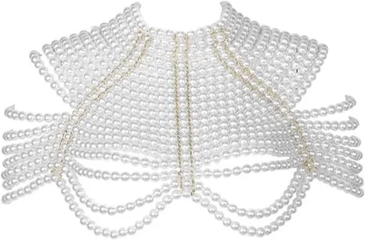 Imitation pearl bead decoration shoulder strap necklace body fashion shoulder and neck bra shawl collar pearl woven shawl white pearl strap gold fixed chain（Pearl Shoulder Chain White）