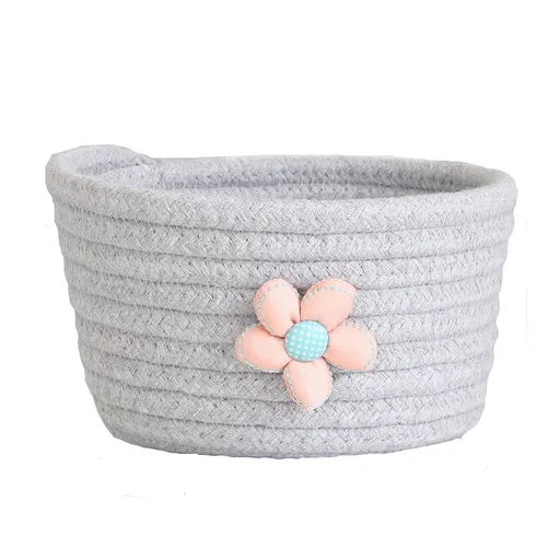 Small Woven Storage Basket, Cotton Rope Rattan Shelf Bin for Toys and Closet Organization at Home or Nursery, Grey, 16 x 8 cm