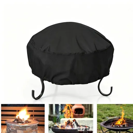 Fire Pit Cover Round Waterproof Windproof Fire Bowl Cover Full Coverage Patio Anti UV with Drawstring Black Fire Pit Cover Patio