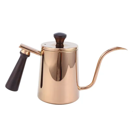 700ml Coffee Drip Kettle Gooseneck Spout 304 Stainless Steel Wooden Handle Long Spout Rose Gold