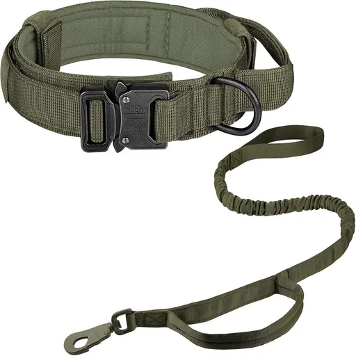 Tactical Dog Collar & Leash Set - Heavy Duty Training Collar with Matching Leash for Large Dogs - Adjustable Nylon Walking Set - Olive Size XL