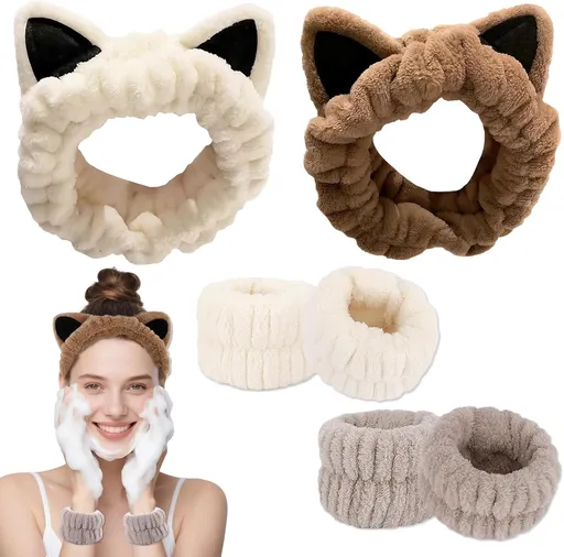 4-Piece Set Headband for Washing Face, Cute Makeup Headband & Wrist Bands to Wash Face, Skincare Headband, Spa Headband, Face Wash Wristbands, Stretchable Headbands, Perfect for Spa and Sports Use