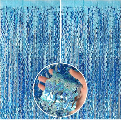 Tinsel Foil Fringe Curtains Wavy Backdrop 3.28 ft x 6.56 ft Light Blue 2 Pack