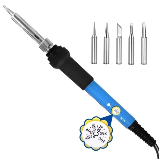 Soldering Iron Kit Soldering Kit With Temperature Adjustable Electric Soldering Gun,60w 110v Soldering Iron With Ceramic Heater,5pcs Different Soldering Tips Soldering Iron Stand (Blue)