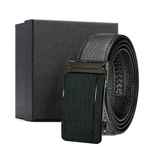 Men's Genuine Leather Ratchet Belt Automatic Buckle 120cm Adjustable Waistband with Gift Box for Business and Casual Wear