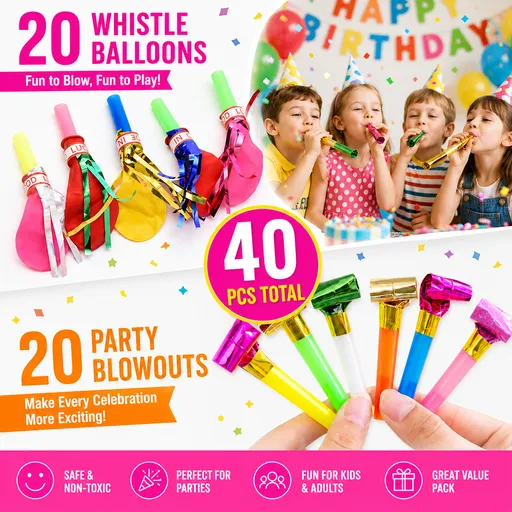 40 Piece Party Whistle and Blowout Set - 20 Whistle Balloons and 20 Party Blowers, Colourful Noise Makers for Birthdays, Celebrations and Party Bags