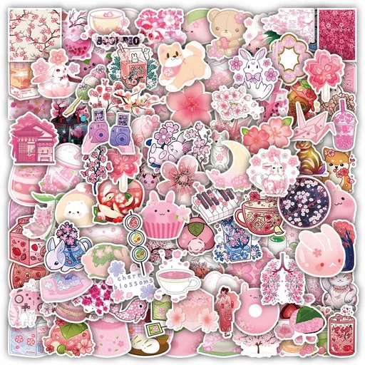 100Pcs Pink Cherry Blossom Flowers Stickers,Aesthetic Sakura Waterproof Vinyl Stickers Decals for Laptop Water Bottles Bike