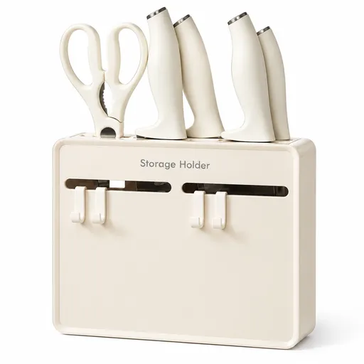 Wall Mounted Knife and Scissor Storage Holder No Drill Kitchen Organiser 24.5 cm Beige with 4 Adjustable Hooks Space Saving Cabinet Door Storage Rack